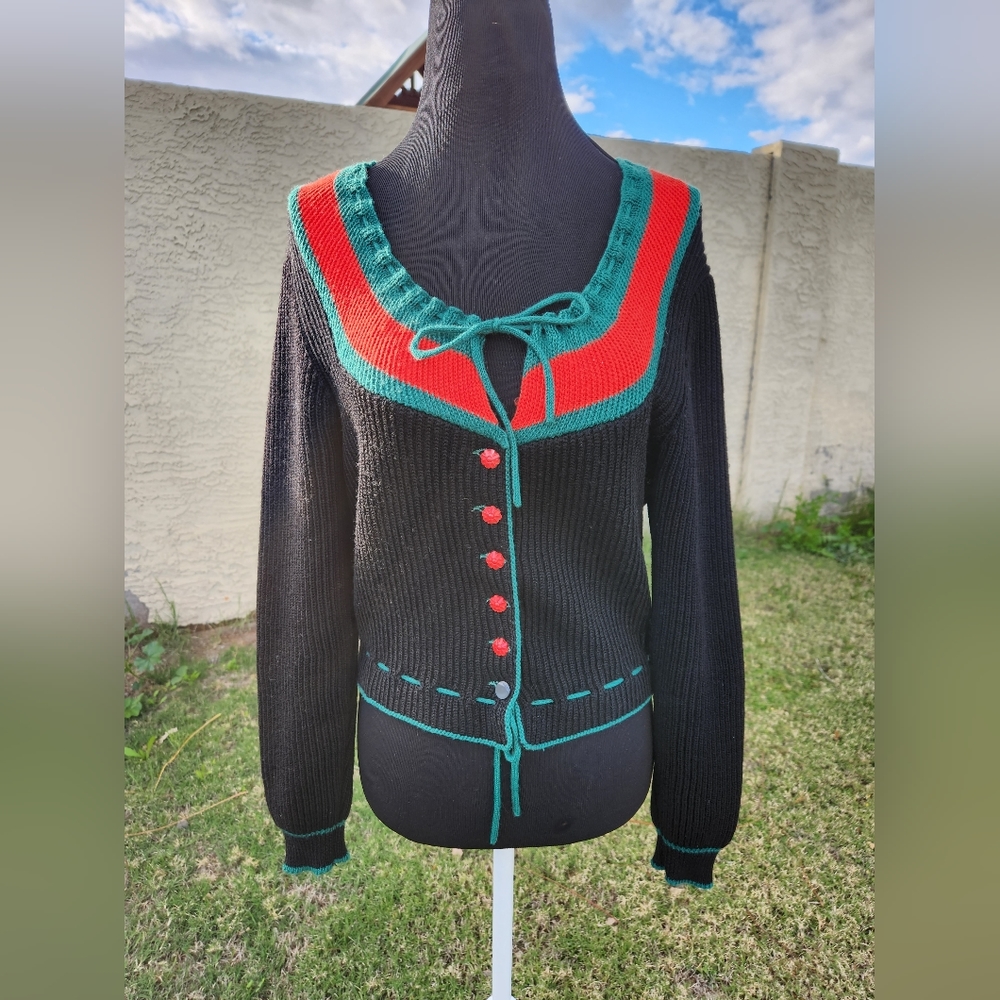 Vintage 1970s Black Bavarian Cardigan With Ties